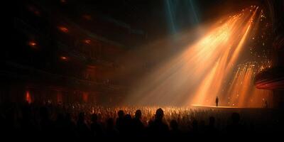 Crowd gathered in a theater awaiting a performance illuminated by dramatic lights photo