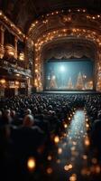 Elegant theater audience awaits holiday performance with shimmering lights and festive decorations photo