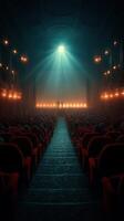 Empty theater with red seats illuminated by bright stage lights during an evening performance event photo