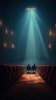 Two figures seated in an empty theater illuminated by a spotlight during a quiet evening performance photo