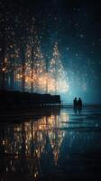 Evening stroll beside glimmering lights reflecting on the water during a tranquil night photo