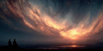 Stunning twilight view showcases a vivid cosmic display over a serene landscape, creating a sense of wonder and tranquility in nature photo
