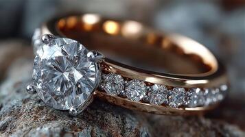 Stunning diamond ring with rose gold band showcased in elegant lighting on a textured surface photo