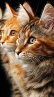 Two curious cats with vivid fur patterns gazing in the same direction indoors during quiet afternoon light photo