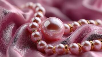 Elegant pink pearl necklace displayed on soft satin fabric in serene lighting, showcasing luxury and craftsmanship beautifully photo