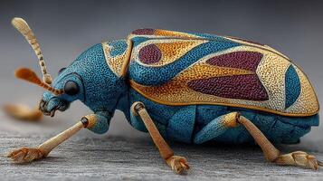 Brightly colored beetle crawling on a textured surface in a close-up view showcasing its intricate patterns and features photo