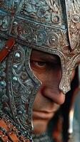 Detailed close-up of a knight's ornate helmet showcasing intricate craftsmanship during a historical reenactment in the afternoon light photo