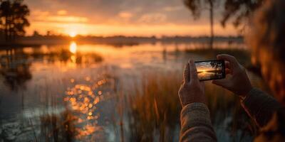 Capturing the sunset over a serene lake while standing on the shore at twilight photo