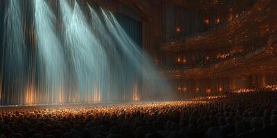 Bright stage lights illuminate an excited audience at a theater performance during a lively evening show photo