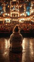Audience member enjoys vibrant atmosphere at a live performance in a theater during an evening show photo