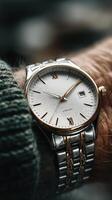 Elegant wristwatch with silver and rose gold accents displayed on a textured sweater during a cozy indoor setting photo