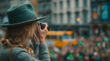 Woman capturing a lively crowd with a camera during a city event in the evening photo