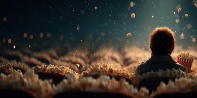 Moviegoer enjoys popcorn amidst an empty theater during a cinematic experience in the evening photo
