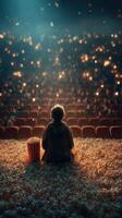 Audience mesmerized by cinematic magic while one viewer sits alone surrounded by popcorn photo