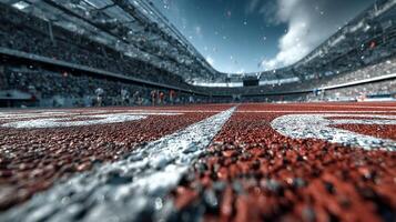 Exciting track event at a large stadium with enthusiastic fans cheering during a sunny day photo