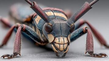 Detailed close-up of a colorful insect with unique features captured indoors photo