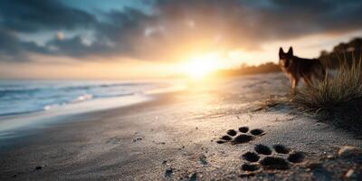Dog walks along sandy beach at sunset while leaving paw prints near ocean water photo