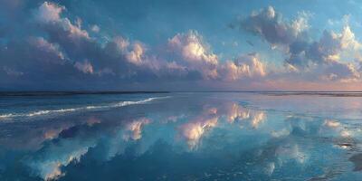 Tranquil ocean landscape reflecting clouds at dawn on a calm shoreline photo