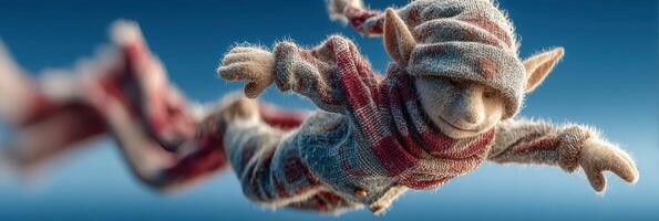 Elf character flying through the air wearing a striped scarf in a bright blue sky photo