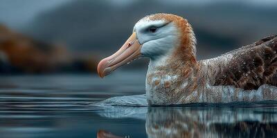Albatross gliding over calm waters near coastal cliffs during early morning light photo