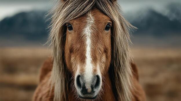 Brown horse with long mane gazes directly at the camera in a vast, open field on an overcast day photo