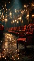 Elegant red chair in a dimly lit hall adorned with fairy lights during an evening event photo