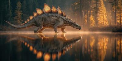 Stegosaurus walking near a tranquil lake surrounded by autumn trees at dusk photo