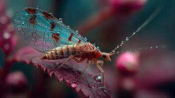 Detail of a water droplet-covered insect resting on a leaf in a vibrant garden setting during early morning photo
