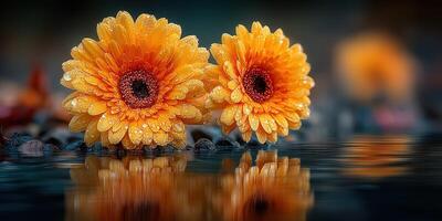Two vibrant orange flowers with droplets reflecting in calm water during early morning light near a serene pond photo