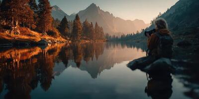 Photographer capturing sunset reflections on a serene lake surrounded by mountains and trees in the wilderness photo
