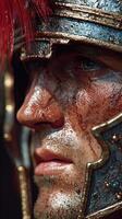 Close-up of a warrior in an armor with intricate details on a battlefield during sunset photo