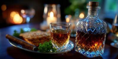 Relaxing evening with whiskey, cigars, and fine food creating a warm atmosphere by candlelight photo