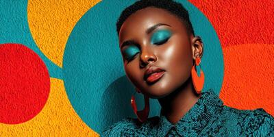 Portrait of a woman wearing vibrant makeup with bold colors and unique earrings in an artistic backdrop featuring geometric shapes photo