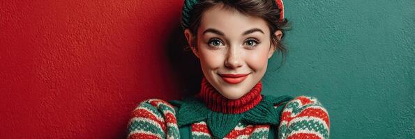 Festive young woman wearing a colorful sweater poses cheerfully against a red and green backdrop during the holiday season photo