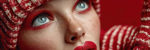 Model showcases striking makeup and fashion in vivid red outfit during a creative photoshoot in a studio setting photo