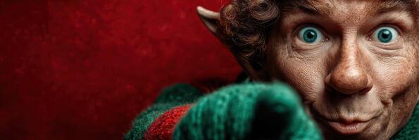 Cheerful elf celebrating the holiday season with a playful gesture against a festive backdrop photo