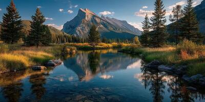 Serene landscape with mountain reflection in calm water during golden hour in a tranquil setting photo