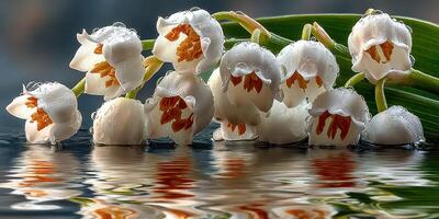 Beautiful white flowers with orange accents resting on the surface of water in a serene setting during daylight hours photo