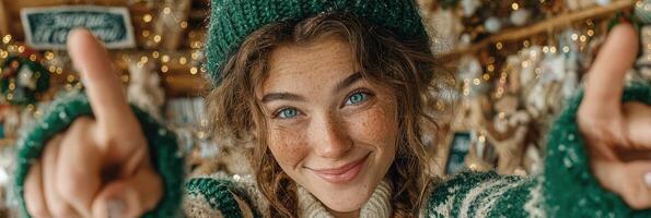 Young woman wearing knitted sweater and beanie smiles joyfully while pointing at the camera in a festive indoor market in winter photo