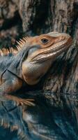 Lizard resting beside water with detailed textures and reflections near a rock surface in a natural habitat photo