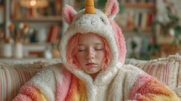 Young girl in unicorn-themed hoodie relaxing indoors on cozy couch in softly lit room photo