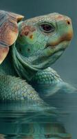 Close-up of a tortoise swimming in clear water showcasing detailed textures and colors in a tranquil setting photo