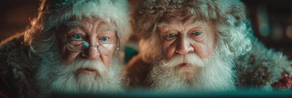 Two elderly men dressed as Santa Claus looking intently at a computer screen in a cozy, warmly lit room during the holiday season photo