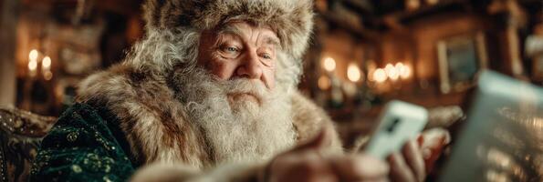 Santa Claus reviews holiday letters while sitting in a cozy cabin with warm lighting during the festive season photo