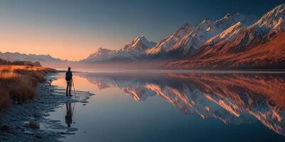 Photographer captures serene sunrise reflection over mountain lake in New Zealand photo
