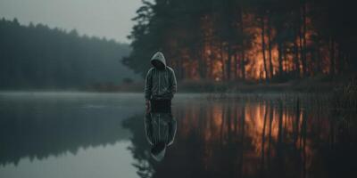 Mysterious figure wading in still water during dusky twilight with forest fire glowing in the background photo