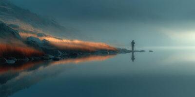 Mysterious figure standing by calm water at dawn amidst fog and reflections photo