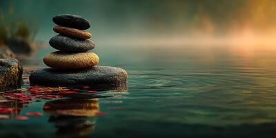 Calm water with stacked stones and autumn leaves during early morning mist photo