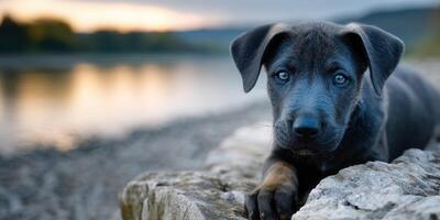 Black puppy relaxes by the river at sunset near rocky shoreline in a serene outdoor setting photo