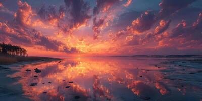 Vibrant sunset reflecting over calm water with scattered clouds in a serene landscape photo